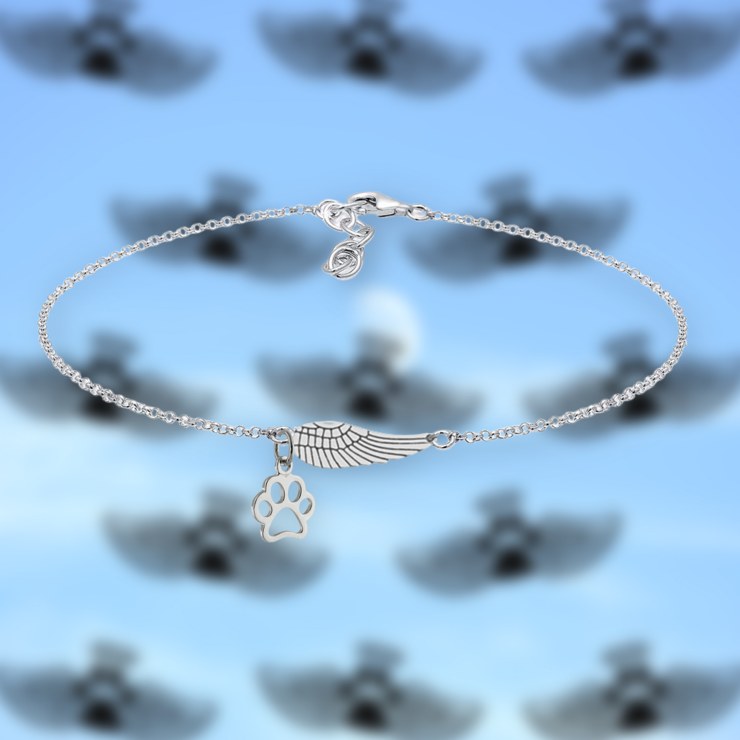 Bracelet commémoratif en argent avec aile d'ange et empreinte de patte | Fait main