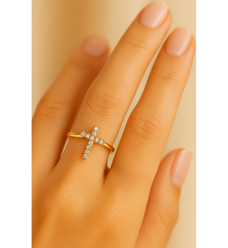 Bague ajustable en or avec croix en cristal - Lydieannejewelry