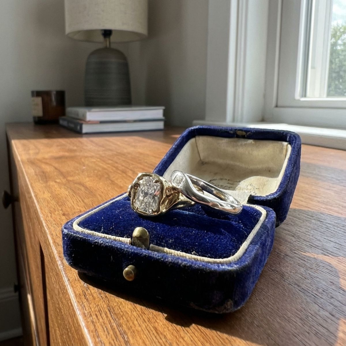 Ensemble de bagues vintage en verre blanc, or et argent