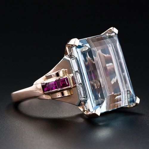 Bague vintage rose en zircone bleue et grenat