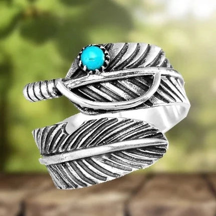 Bague ajustable Boho à plumes et turquoise