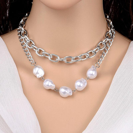 Collier vintage en argent avec perles et chaîne