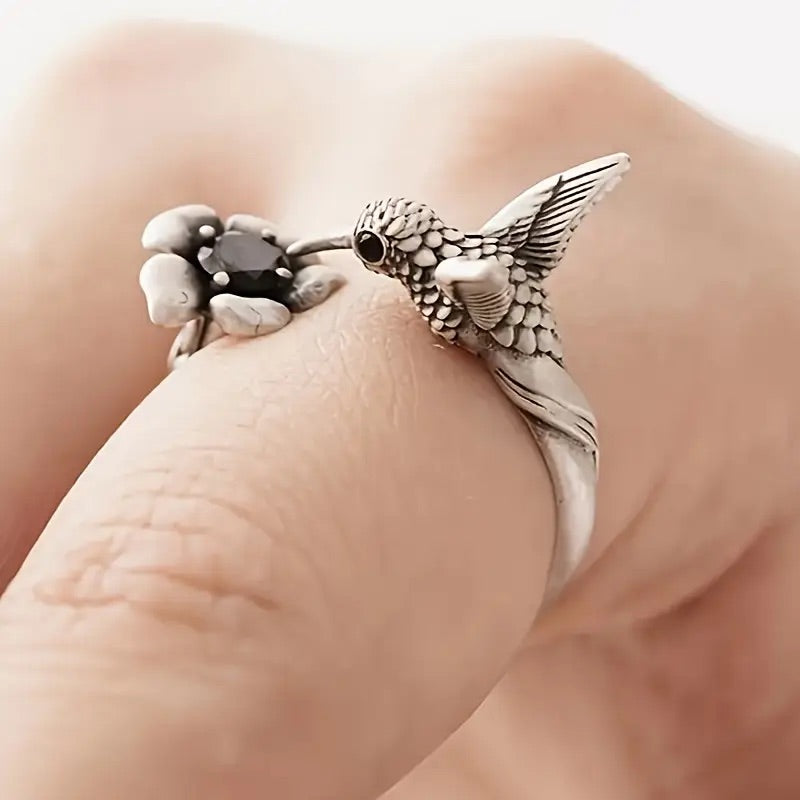 Bague colibri et fleur – Bague oiseau ouverte ajustable pour femme