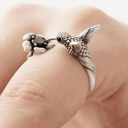 Bague colibri et fleur – Bague oiseau ouverte ajustable pour femme