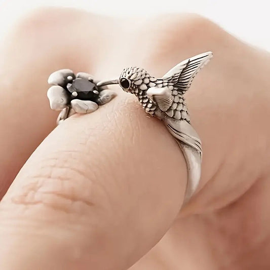 Bague colibri et fleur – Bague oiseau ouverte ajustable pour femme