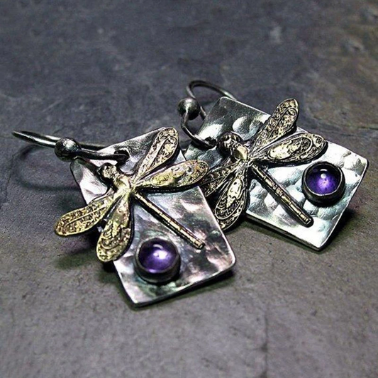 Boucles d'oreilles vintage libellule cristal violet