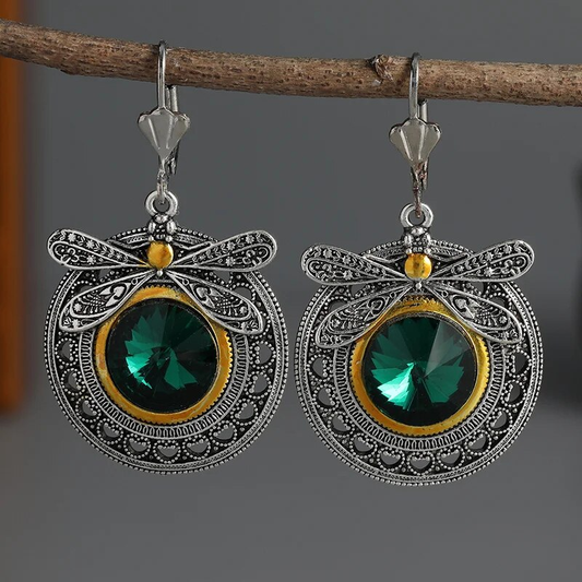 Boucles d'oreilles vintage libellule en zircone verte