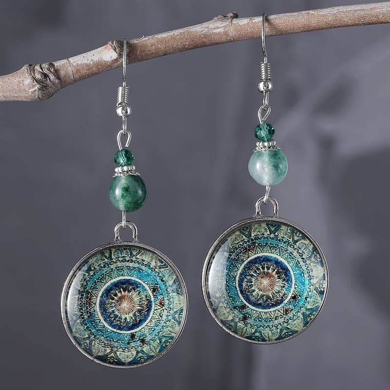 Boucles d'oreilles vintage pendantes mandala rondes bleues