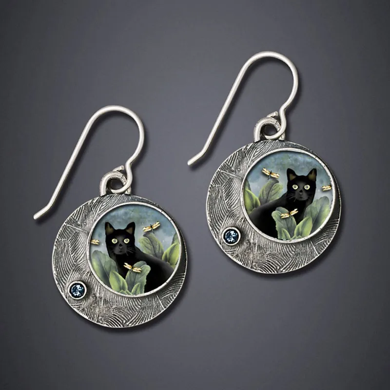 Boucles d'oreilles vintage rondes peintes représentant des chats