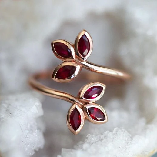 Vintage Red Crystal Leaf Rose Gold Ring-Lydieannejewelry