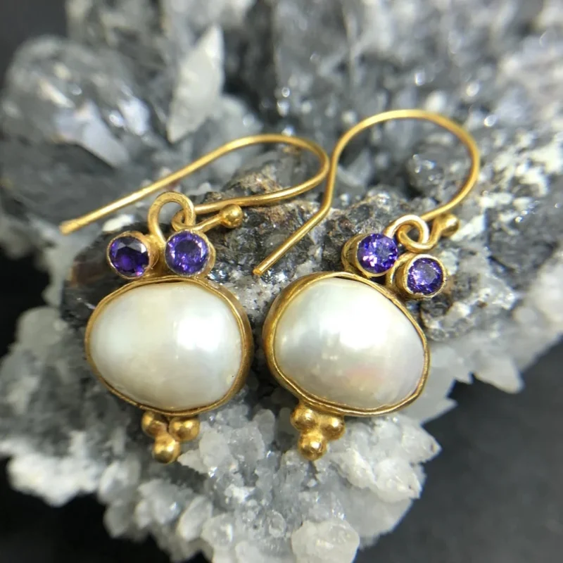 Vintage White Stone Golden Purple Zirconia Earrings-Lydieannejewelry