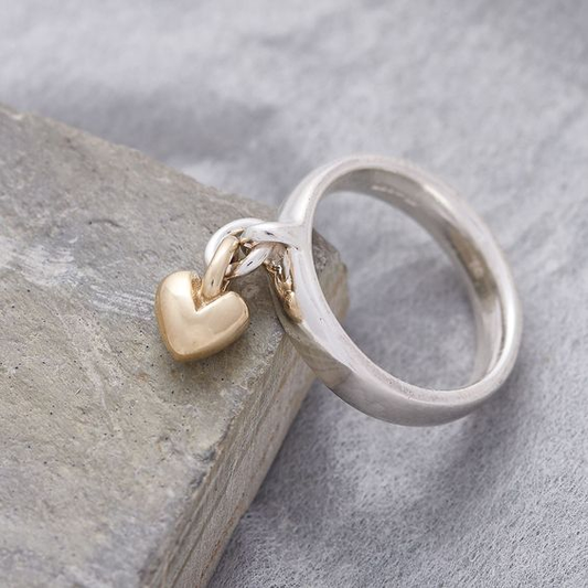 Bague vintage pendante en argent en forme de cœur