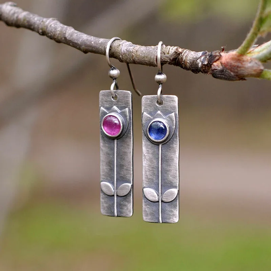 Boucles d'oreilles vintage rectangulaires fleurs colorées