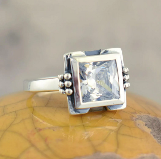Vintage Inlaid Square Glass Ring-Lydieannejewelry