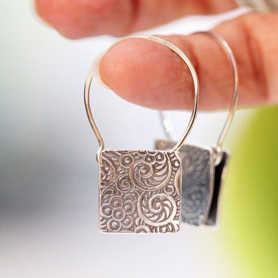 Vintage Silver Square Dangling Earrings-Lydieannejewelry