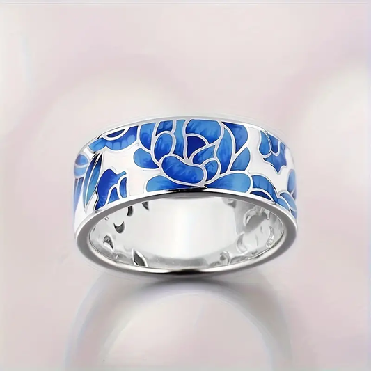 Vintage Silver Blue Enamel Flower Ring-Lydieannejewelry