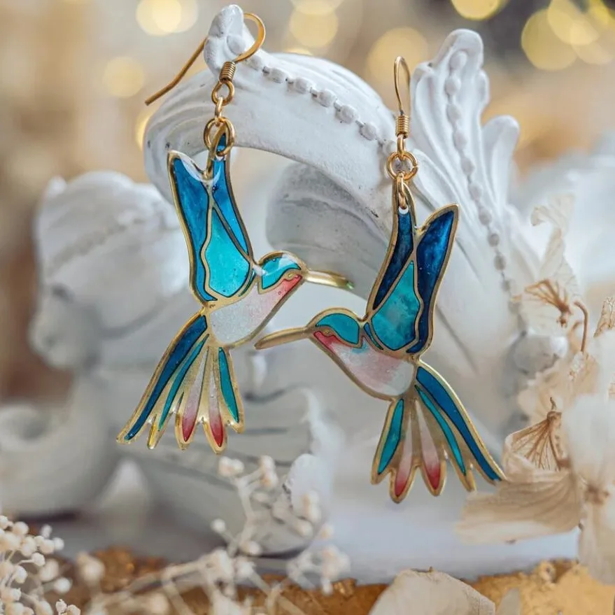 Boucles d'oreilles vintage en émail bleu avec colibris - Lydieannejewelry