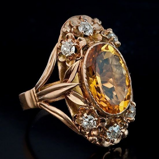 Bague vintage ovale en verre orange et or