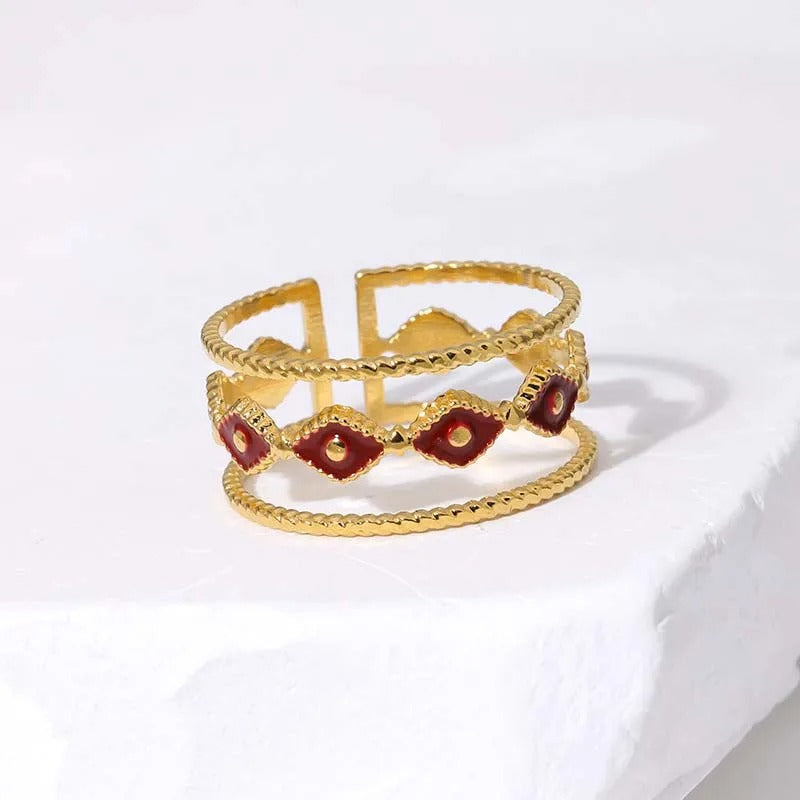 Bague ajustable à plusieurs bandes en or et pierres rouges - Lydieannejewelry