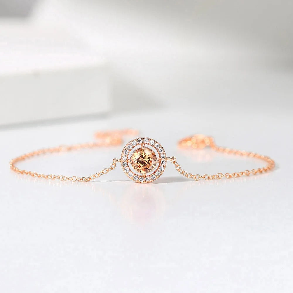 Bracelet classique en or rose avec gemme orange ronde et bordure scintillante - Lydieannejewelry