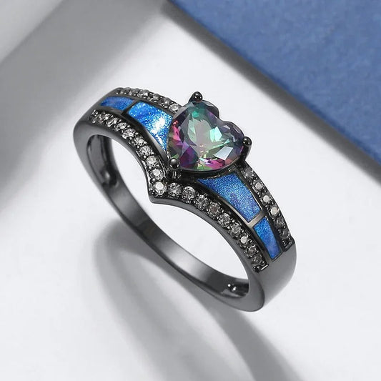 Bague avec pierre noire en forme de cœur et émail bleu - Lydieannejewelry
