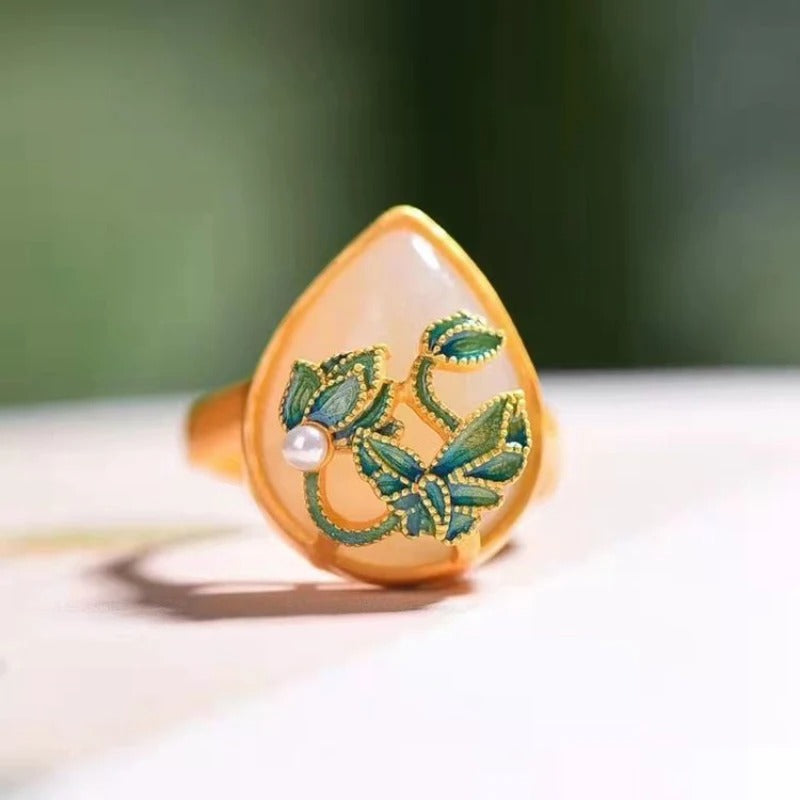 Bague ajustable classique en or, jade, lotus aquatique et perle - Lydieannejewelry