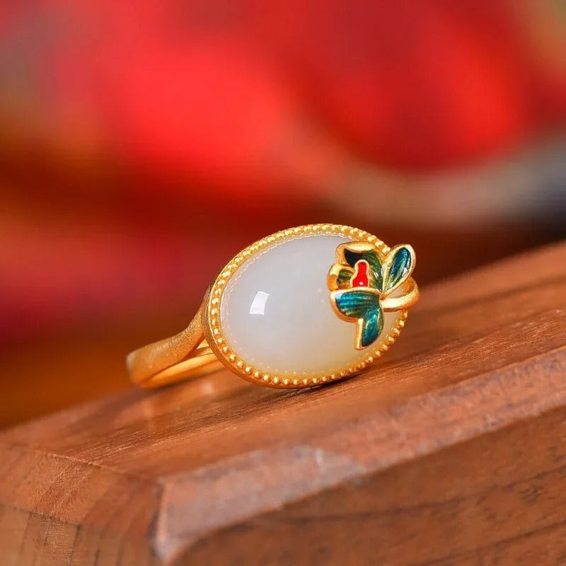Bague ajustable classique en or avec motif floral et pierre précieuse ovale - Lydieannejewelry