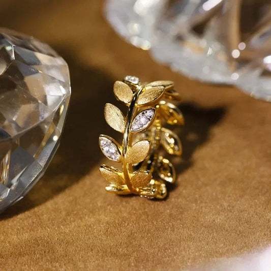Bague ajustable vintage en or et cristal feuille de diamant - Lydieannejewelry