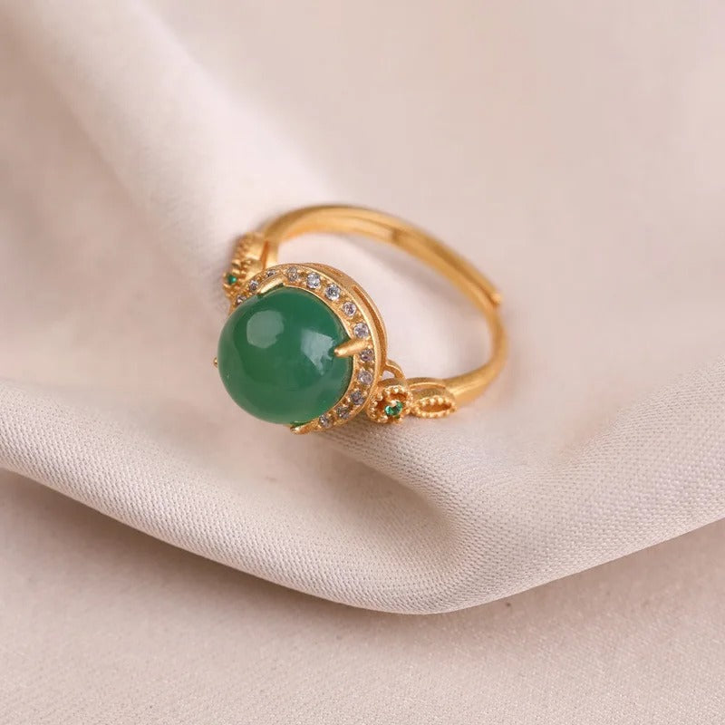 Bague ajustable vintage en or avec pierre précieuse verte et cristal brillant - Lydieannejewelry
