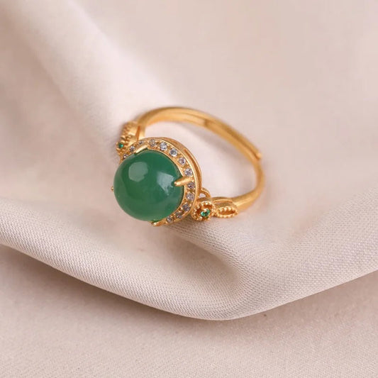 Bague ajustable vintage en or avec pierre précieuse verte et cristal brillant - Lydieannejewelry