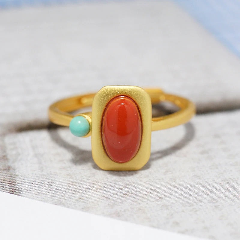 Bague ajustable carrée avec tourmaline rouge du Sud de style artistique - Lydieannejewelry