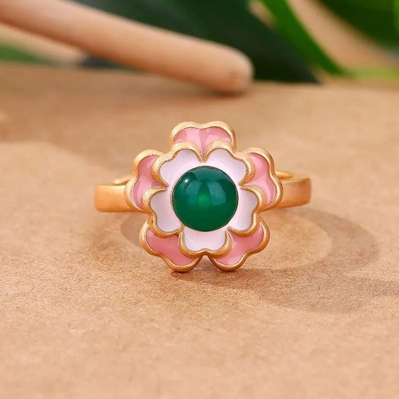 Bague ajustable rétro à fleurs, pierre verte et fleur rose - Lydieannejewelry