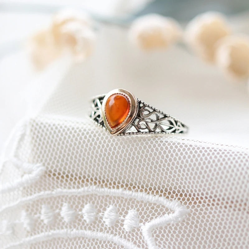 Bague ajustable vintage en argent sculpté en forme de fleur en goutte - Lydieannejewelry