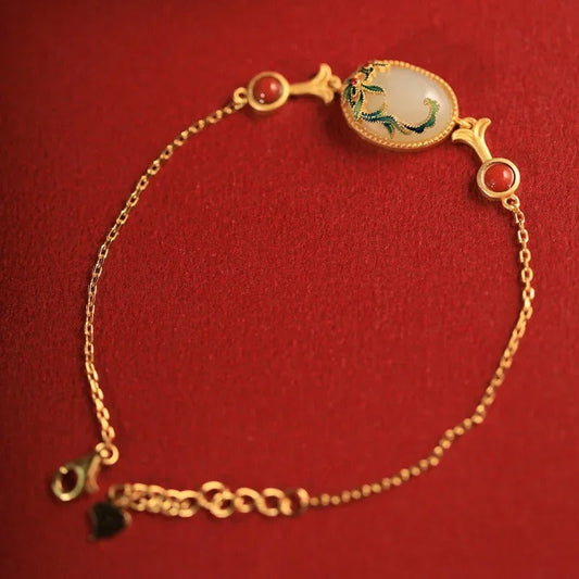 Bracelet floral vintage en or, corail vert et rouge - Lydieannejewelry