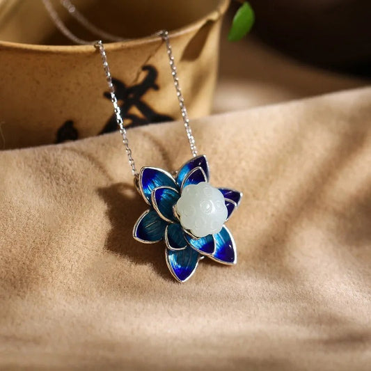 Collier pendentif floral lotus bleu vintage - Lydieannejewelry