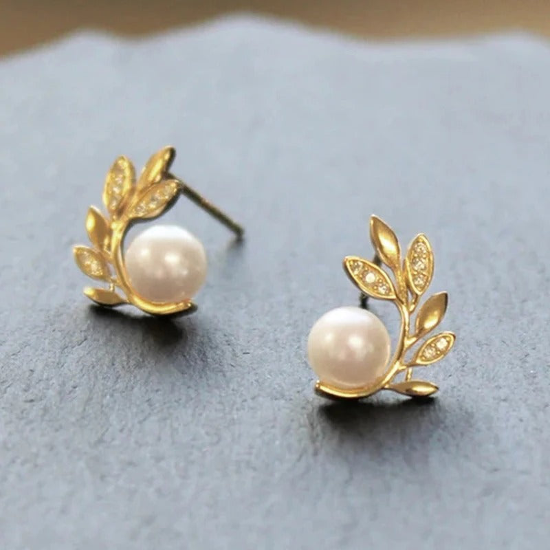 Boucles d'oreilles en perles et feuilles d'or - Lydieannejewelry