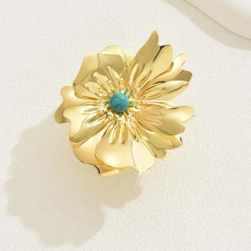Bague ajustable en or avec fleur centrale et pierre turquoise - Lydieannejewelry