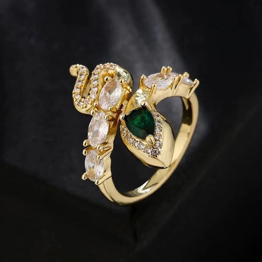 Bague ajustable classique en forme de serpent avec zircone verte - Lydieannejewelry