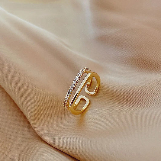 Bague ajustable à double anneau en or et cristal - Lydieannejewelry
