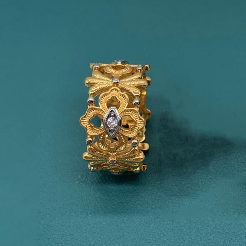 Bague ajustable classique en or et argent avec motif floral marquise - Lydieannejewelry