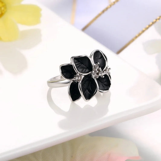 Bague classique en argent noir à motif floral - Lydieannejewelry