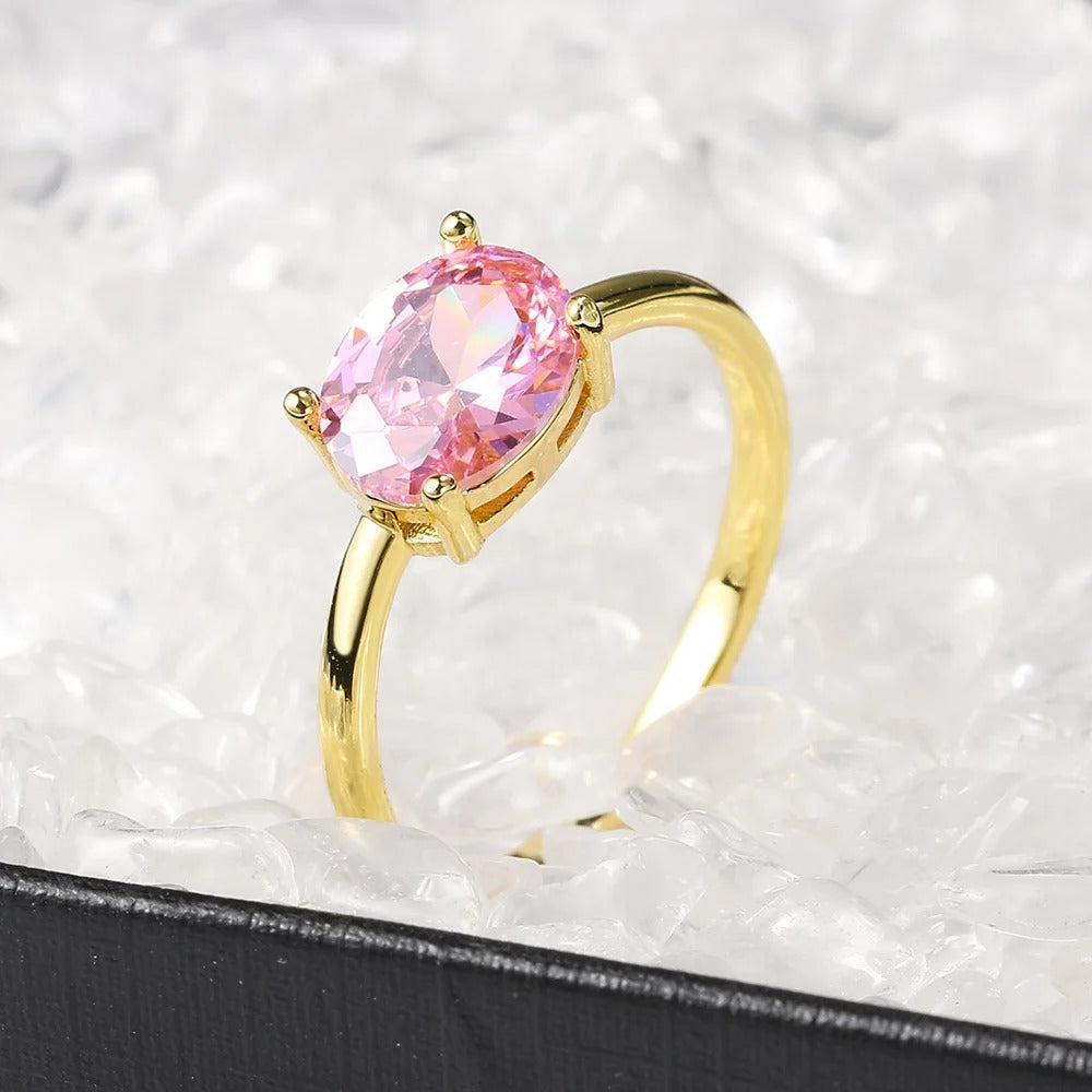 Bague ovale en or avec pierre centrale rose et anneau lisse - Lydieannejewelry