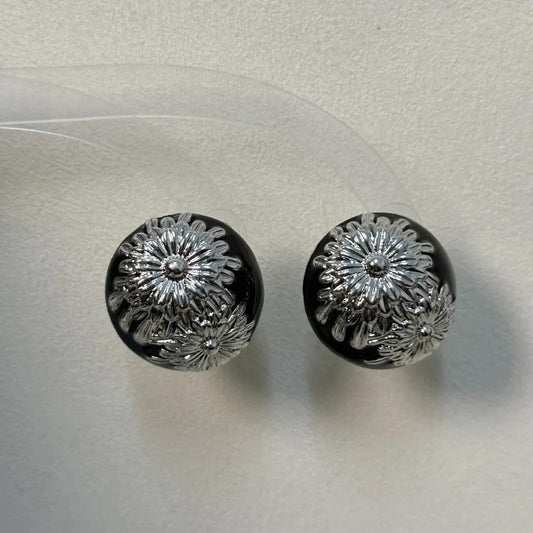 Boucles d'oreilles classiques noires vintage en argent avec motif floral - Lydieannejewelry