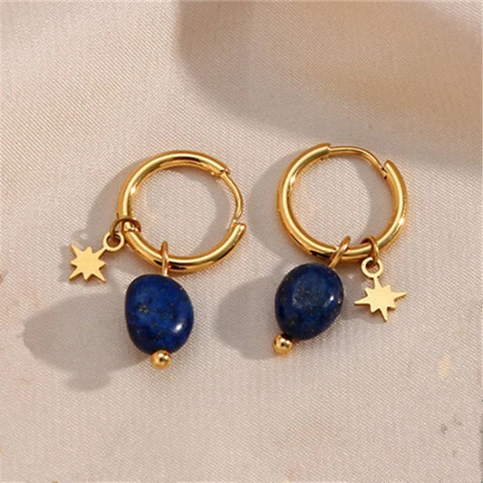 Boucles d'oreilles créoles vintage avec étoile dorée et breloque bleue - Lydieannejewelry