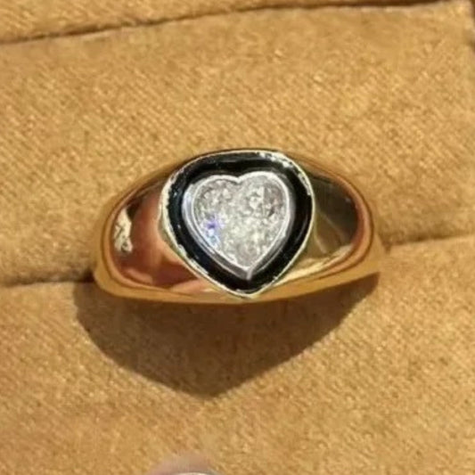 Bague ajustable rétro en or et diamant taille cœur avec émail noir - Lydieannejewelry