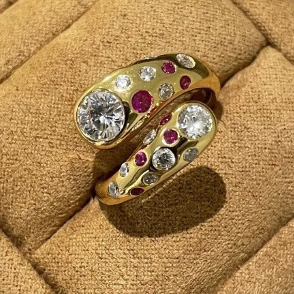 Bague ajustable vintage en or et cristal tourbillonnant avec diamant rond - Lydieannejewelry