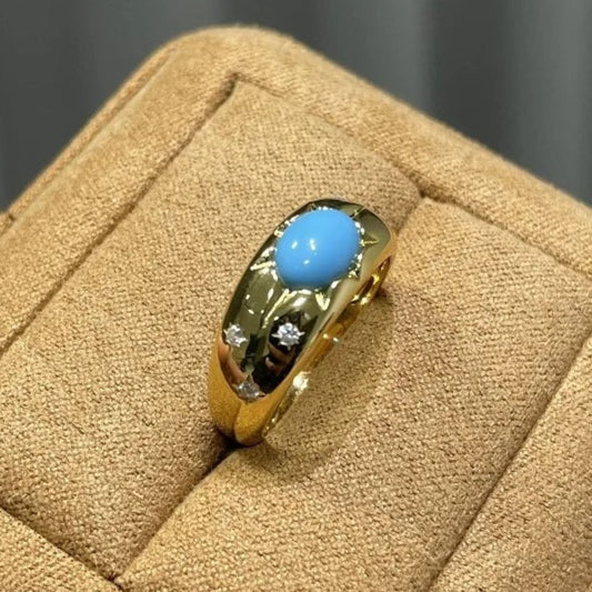Bague ajustable vintage en turquoise bleu brillant incrustée de diamants - Lydieannejewelry