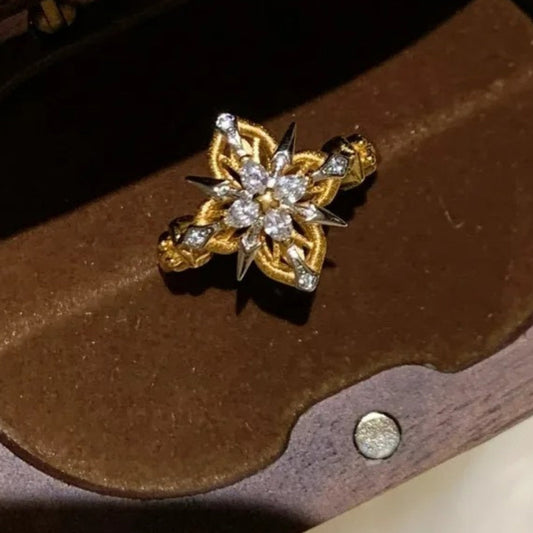 Bague vintage ajustable en or et diamants, motif floral jaune - Lydieannejewelry