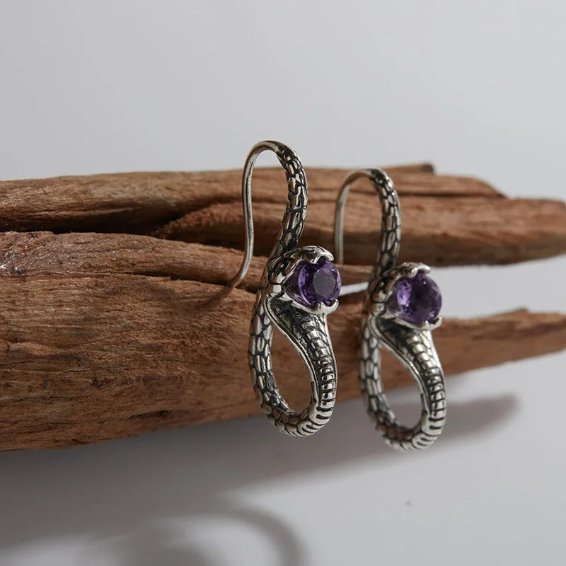 Boucles d'oreilles vintage en argent avec serpent et améthyste - Lydieannejewelry