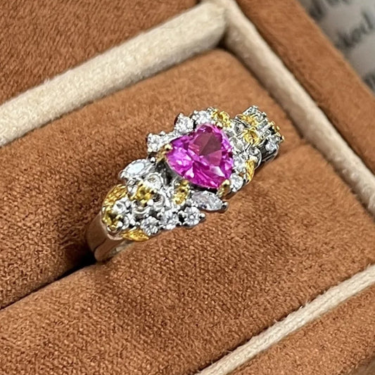 Bague ajustable vintage à motif floral rose en forme de cœur avec pierre précieuse - Lydieannejewelry